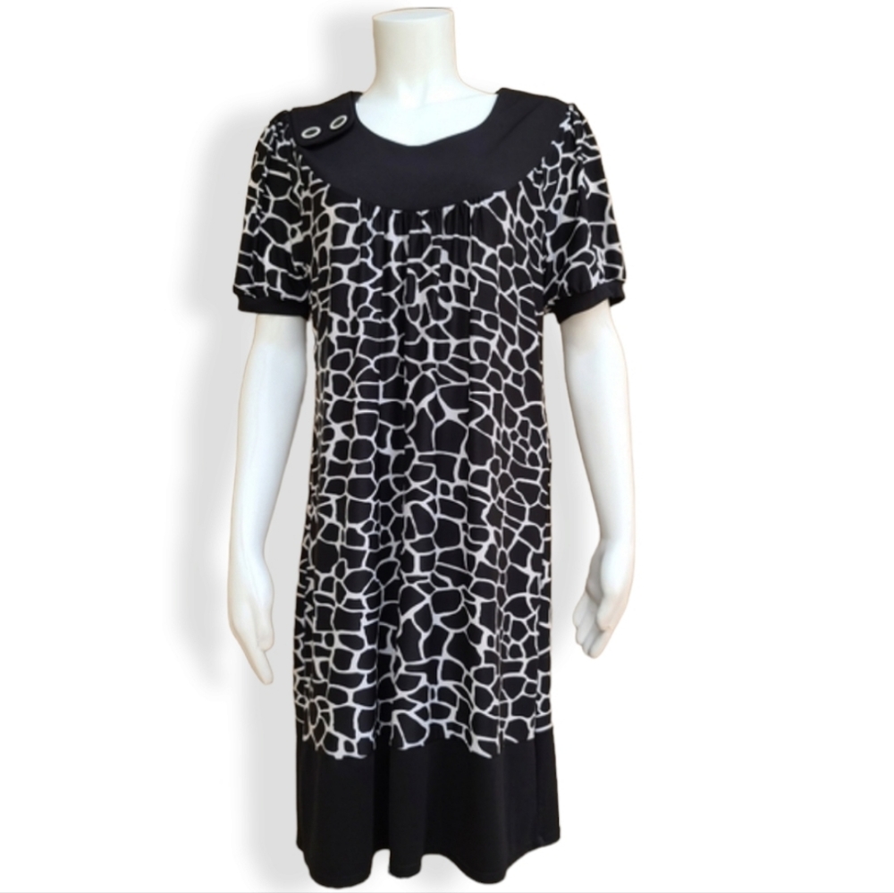 VINTAGE 90s Y2K STUDIO Banded Shift Dress M Long Tunic Modest Top Shirt Giraffe - Picture 2 of 16